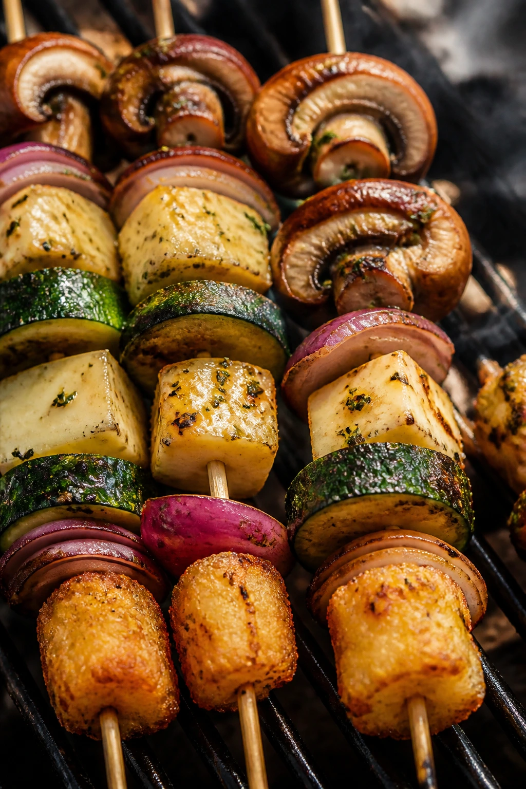 Close-up of mushroom and Swiss cheese tater tot skewers on grill