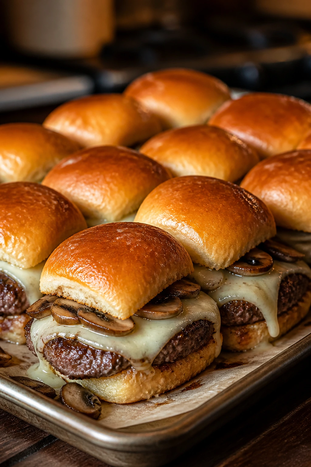 Sliders with mushrooms and Swiss cheese on a baking sheet