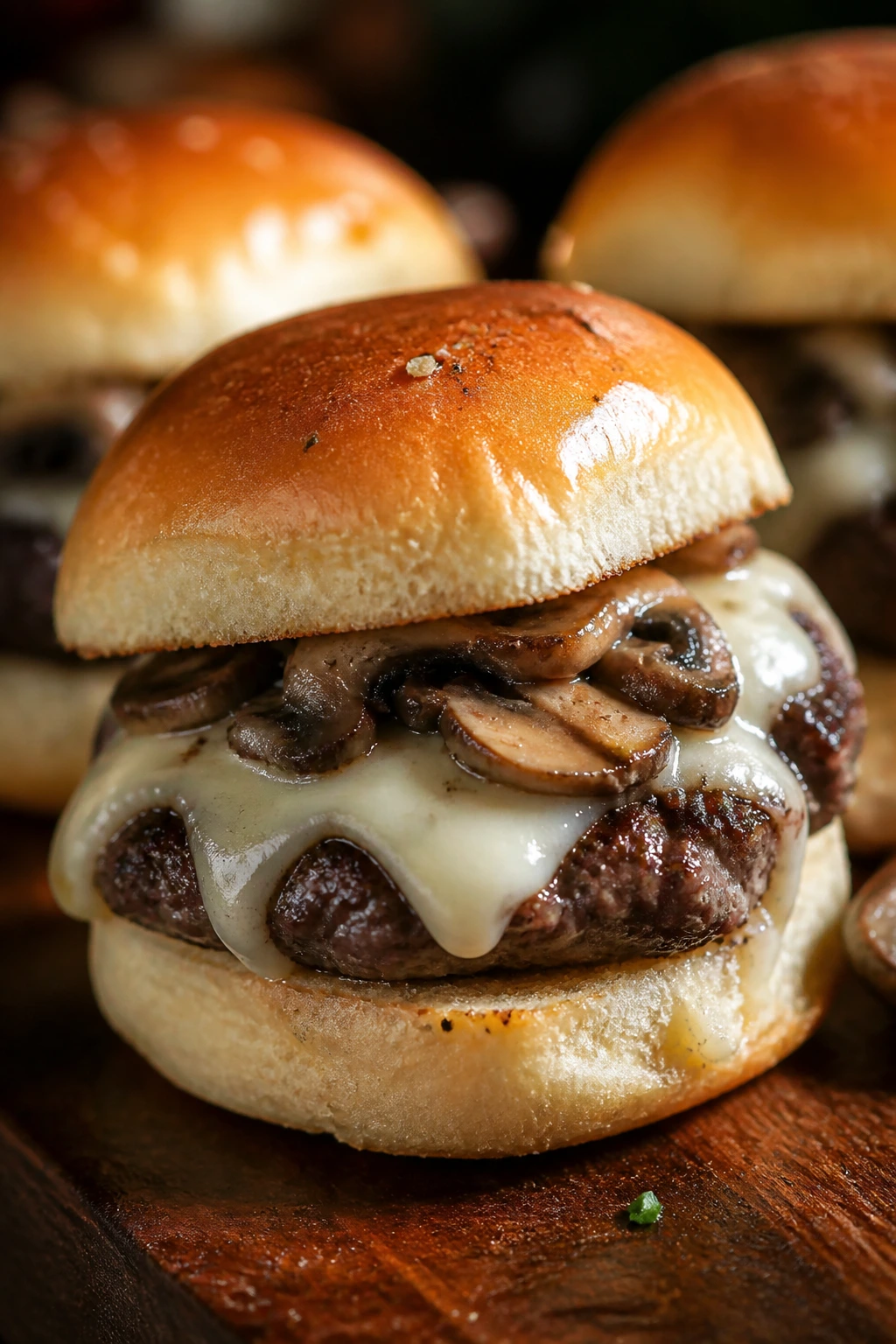 Close-up of mushroom Swiss slider with mushrooms and Swiss cheese