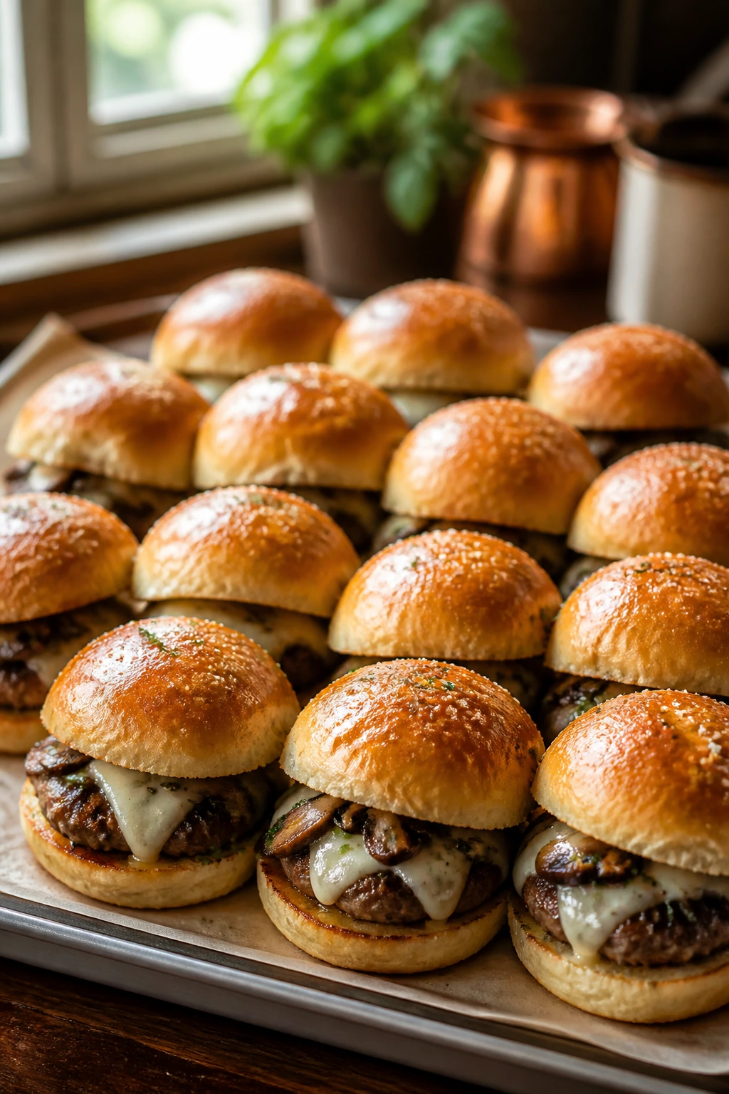 Mushroom Swiss sliders with mushroom topping and Swiss cheese