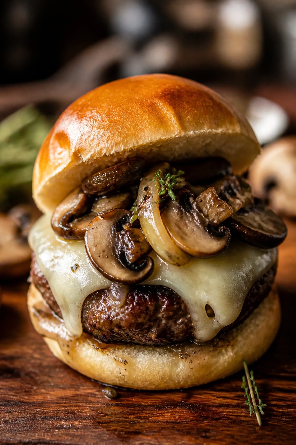 Close-up of a mushroom Swiss mini burger with mushrooms and Swiss cheese