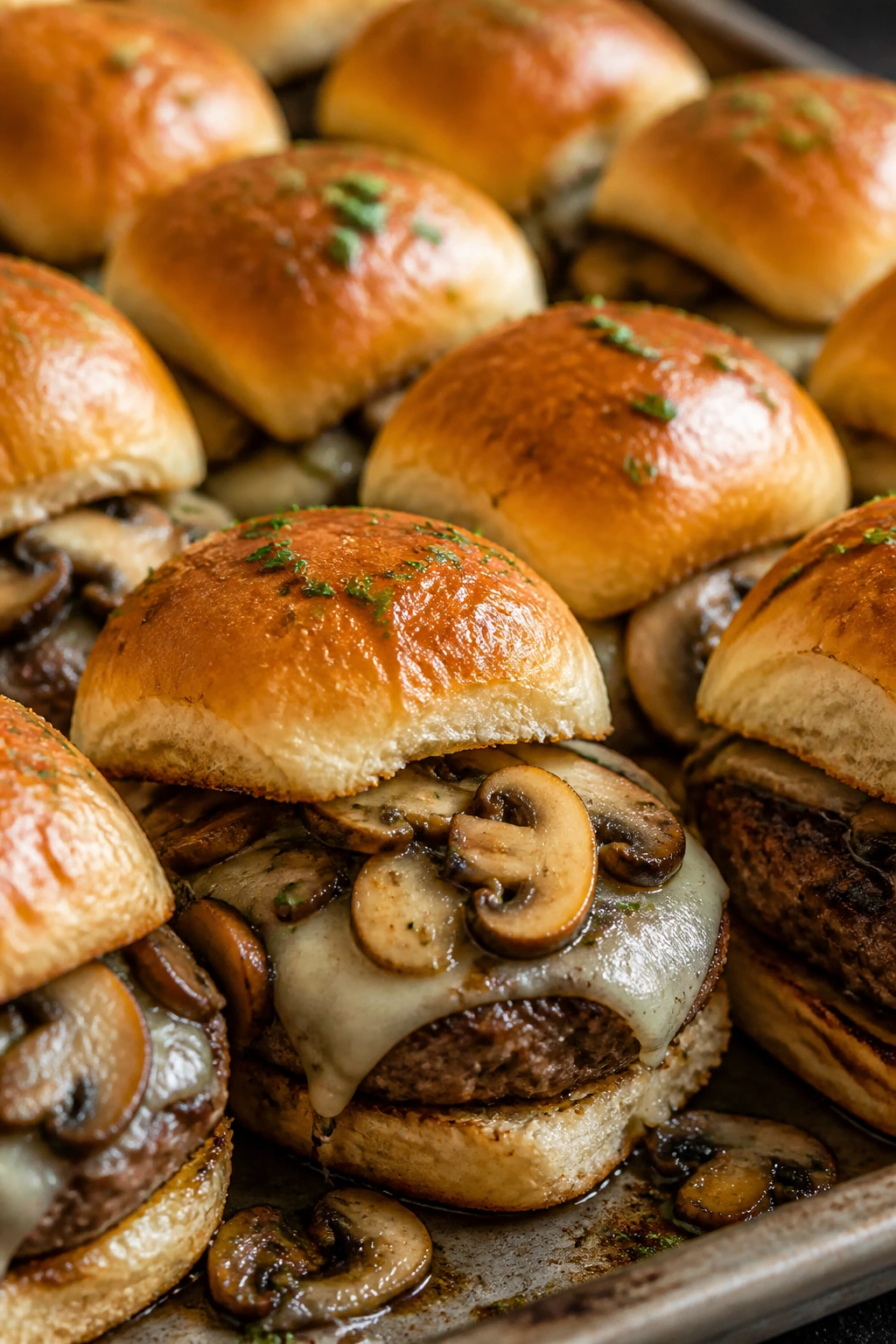 Beef sliders with mushrooms and Swiss cheese on sheet pan
