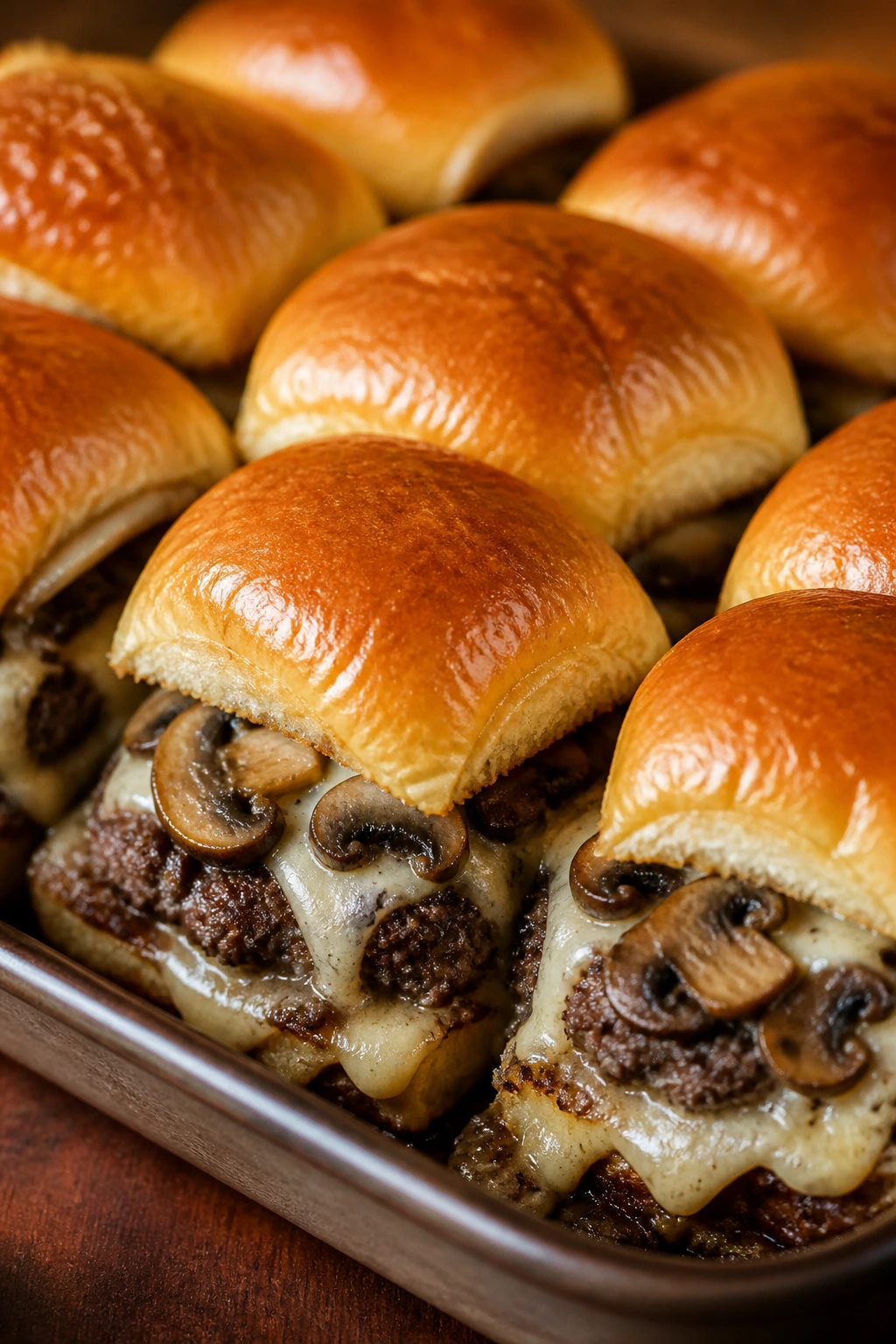 Mushroom Swiss sliders with browned mushrooms and Swiss cheese