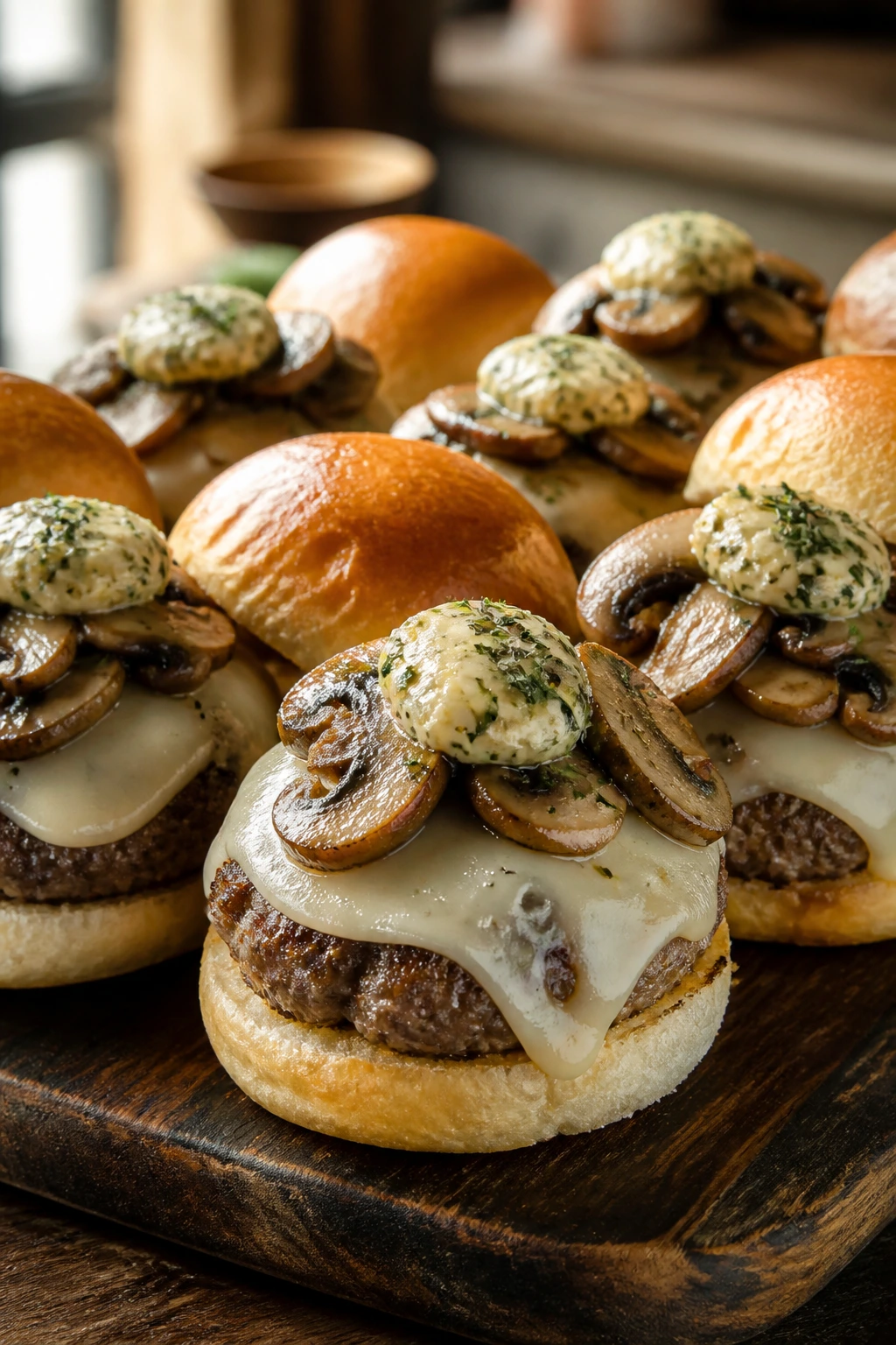Close-up of Mushroom Swiss Sliders with thyme butter and mushrooms