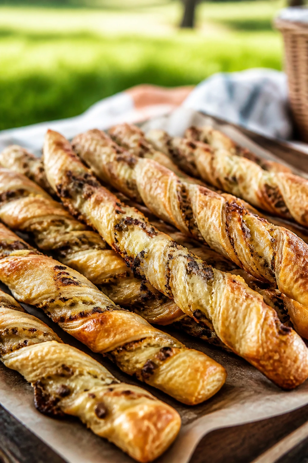 Mushroom Swiss puff pastry twists on a wooden board in a park picnic setting