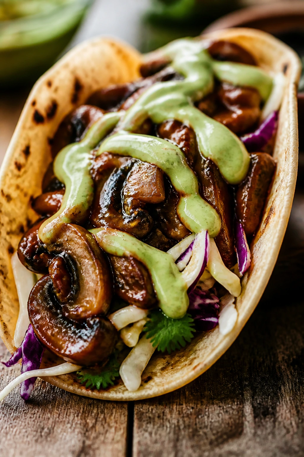 Close-up of BBQ mushroom taco with avocado crema on a wooden surface
