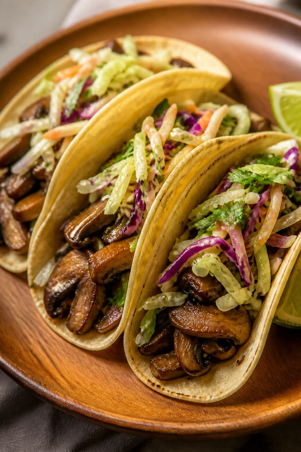 Close-up of mushroom tacos with lime slaw on a wooden plate