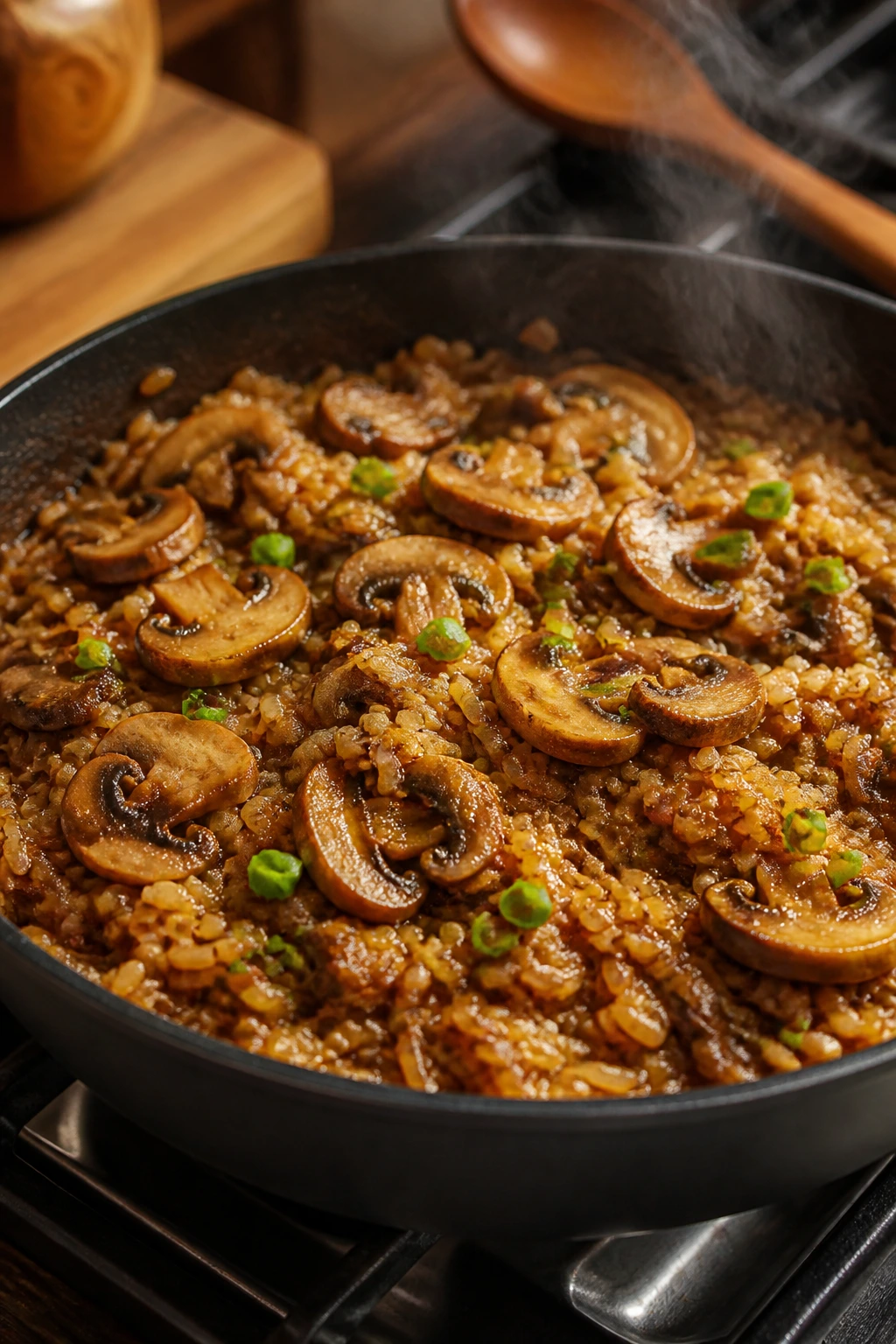 Close-up of mushroom teriyaki rice skillet filled with glossy mushrooms and rice