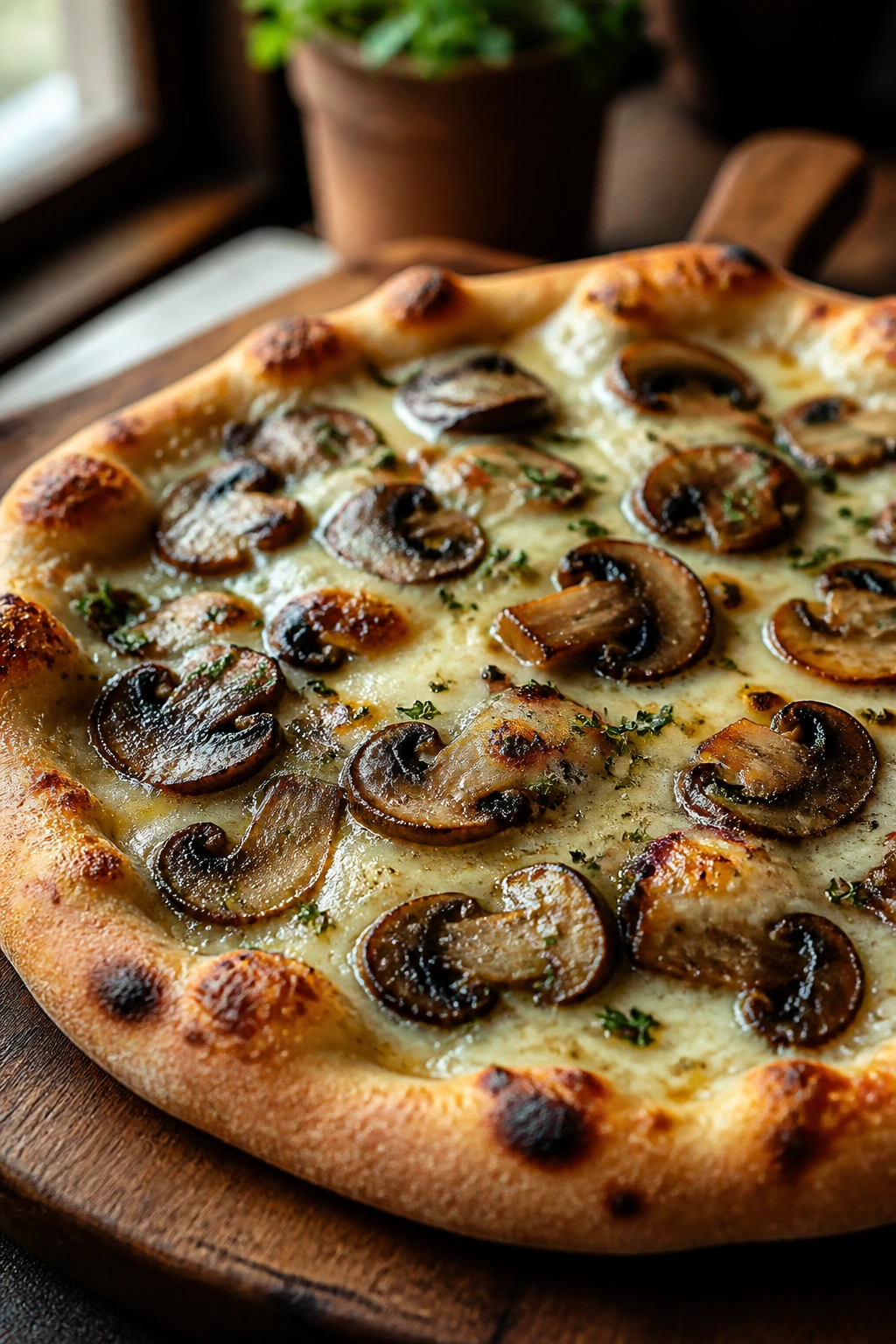 Close-up of mushroom thyme fontina pizza with browned mushrooms and melted fontina