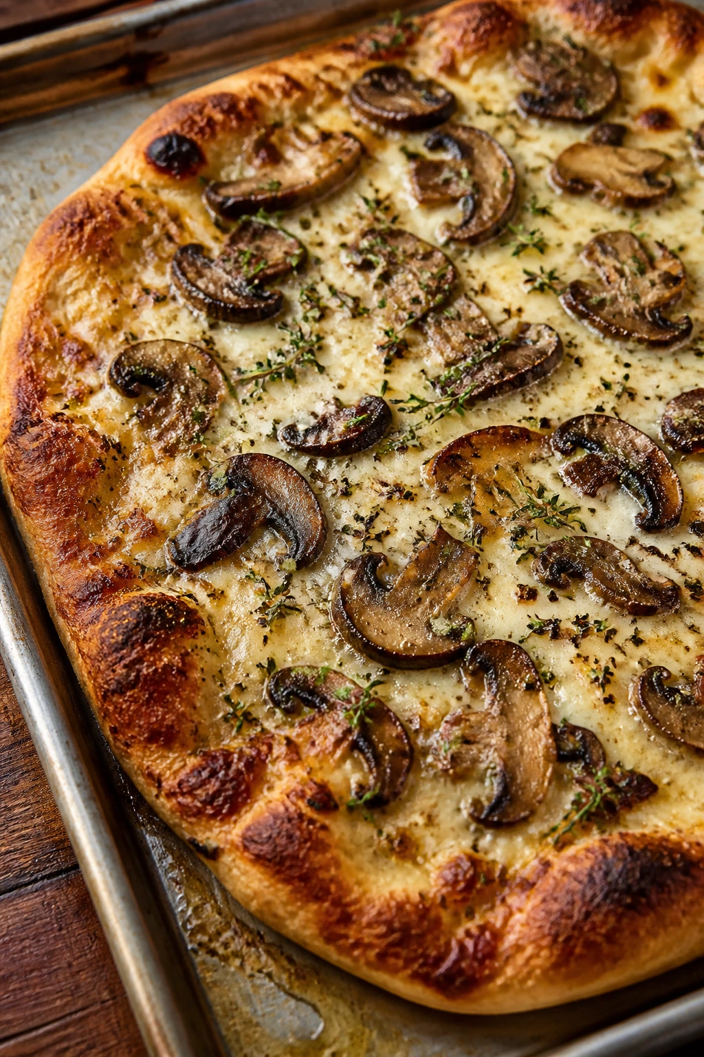 Mushroom and thyme variation pizza on a sheet pan