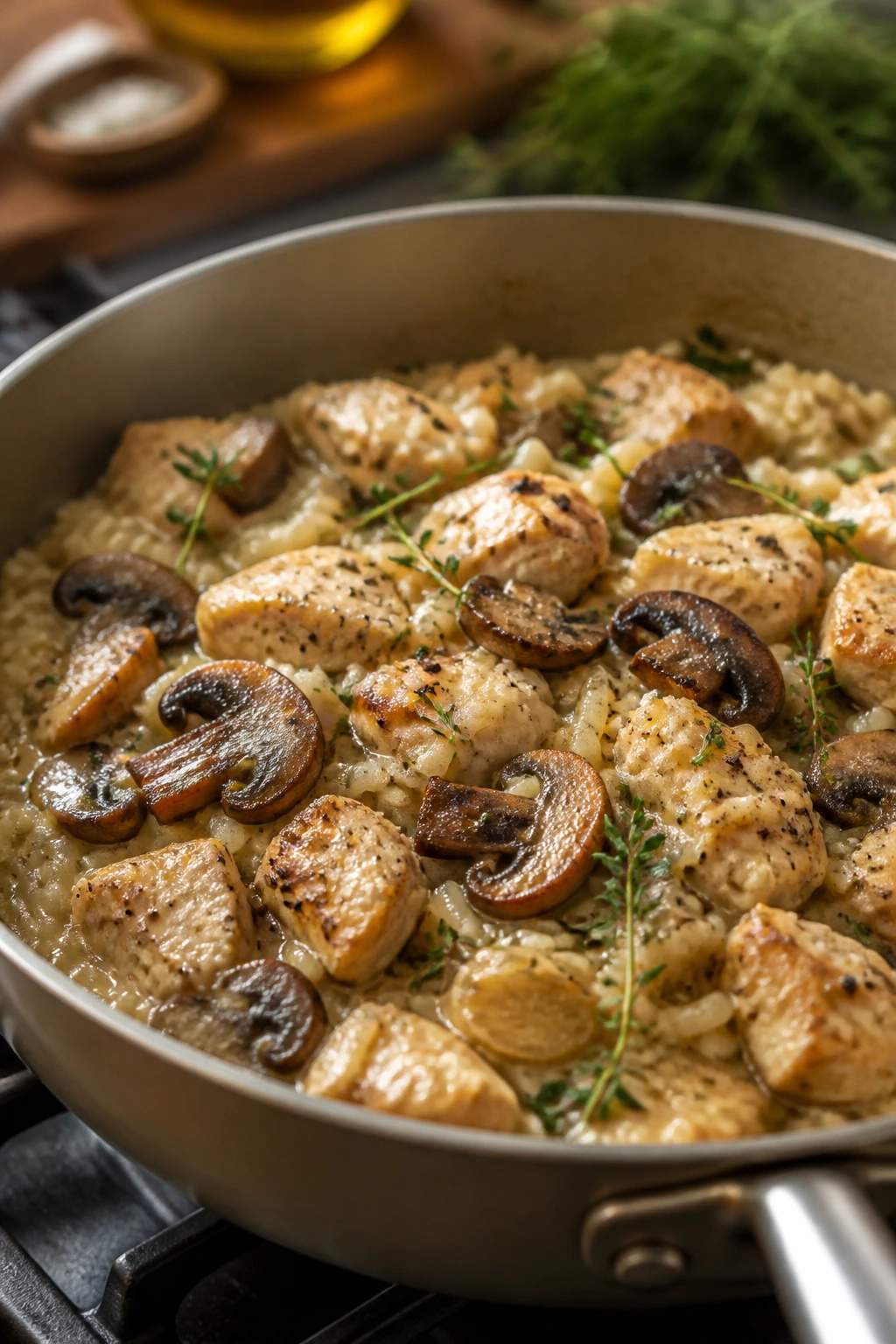 Mushroom-thyme variation of creamy chicken and rice in a skillet