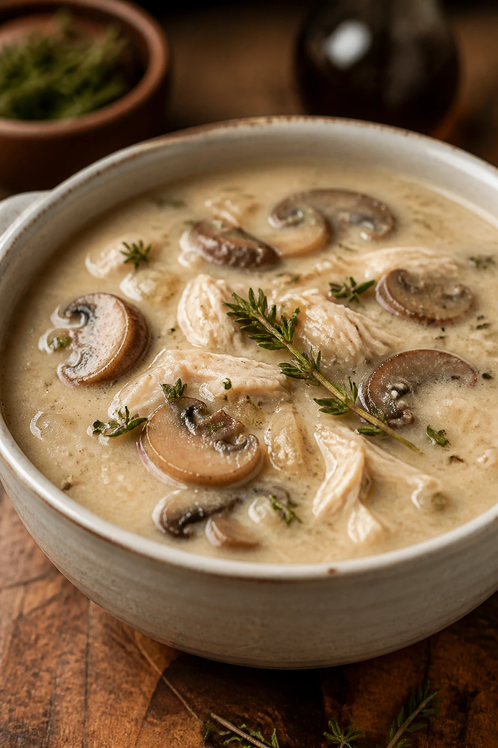Cream of chicken soup with mushrooms and thyme garnish