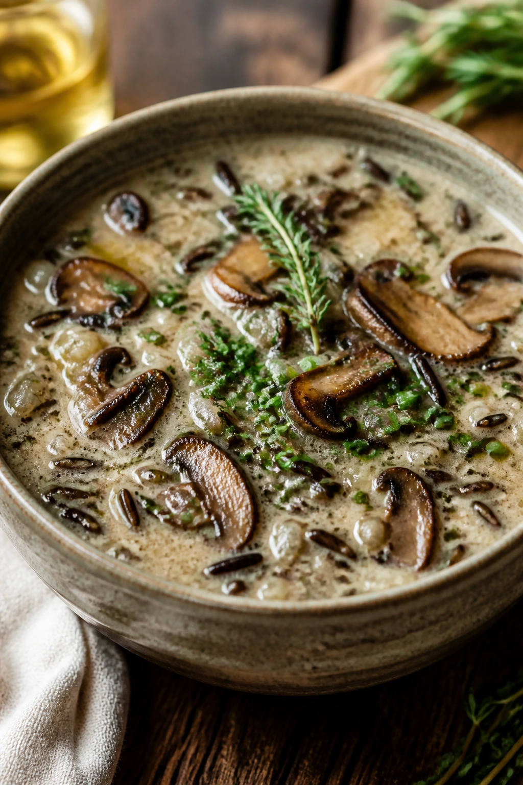 Vegetarian mushroom and wild rice soup with chives.