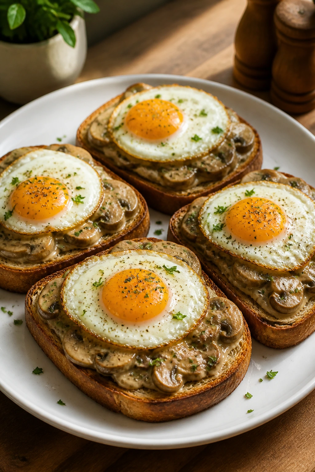 Plate of creamy mushroom toasts topped with fried eggs.