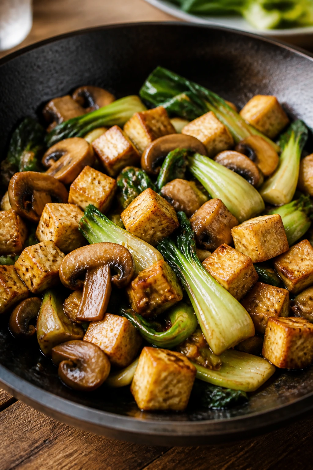 Close-up of Mushroom and Tofu Stir-Fry with tofu, mushrooms, bok choy in a skillet