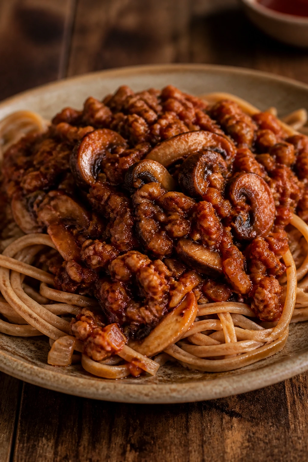 Close-up of mushroom walnut bolognese over pasta on wooden table