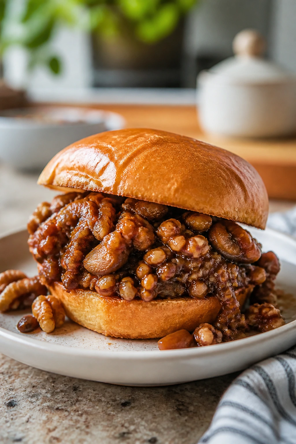 Close-up of mushroom walnut sloppy joes sandwich