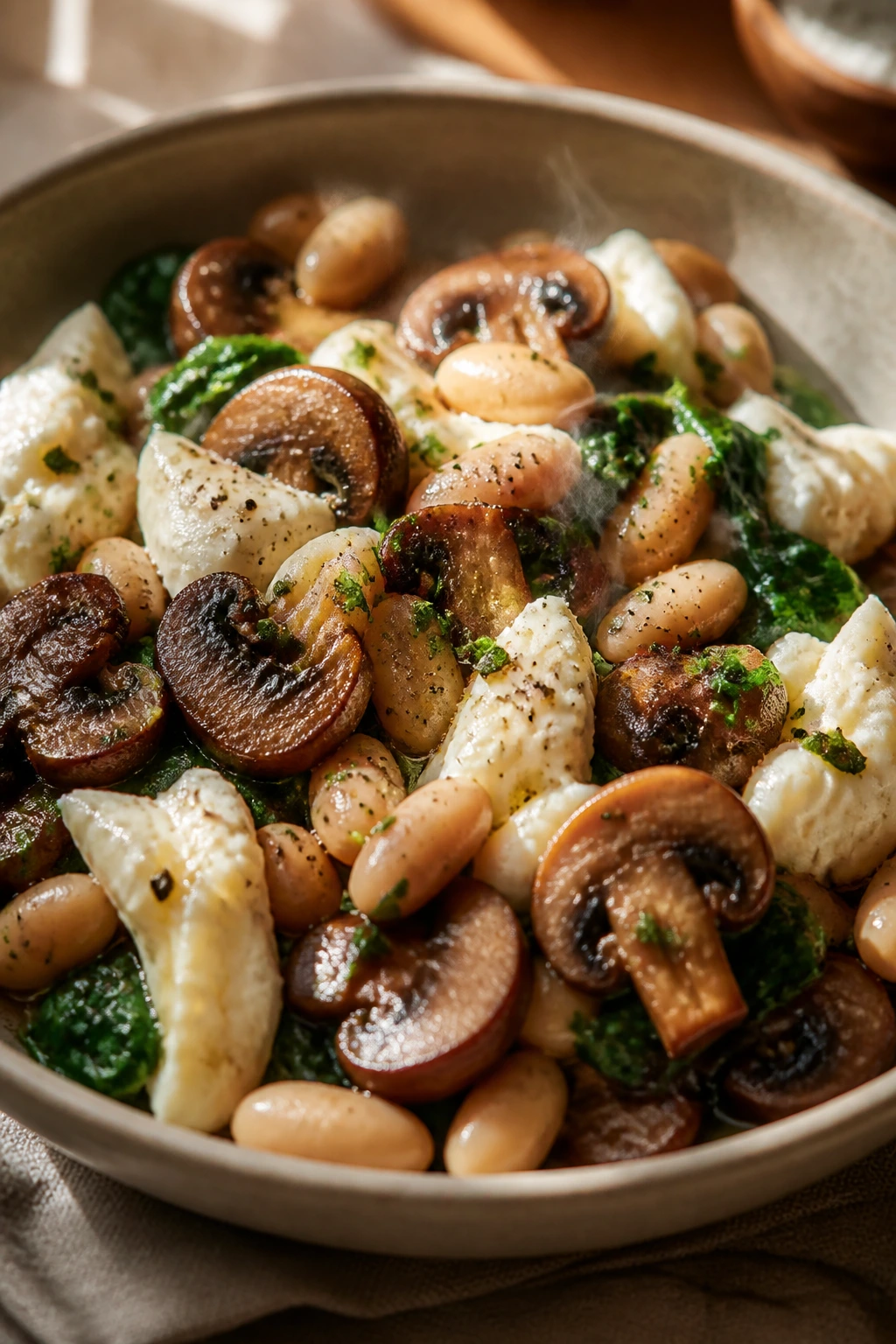 Warm mushroom and white bean mozzarella salad close-up