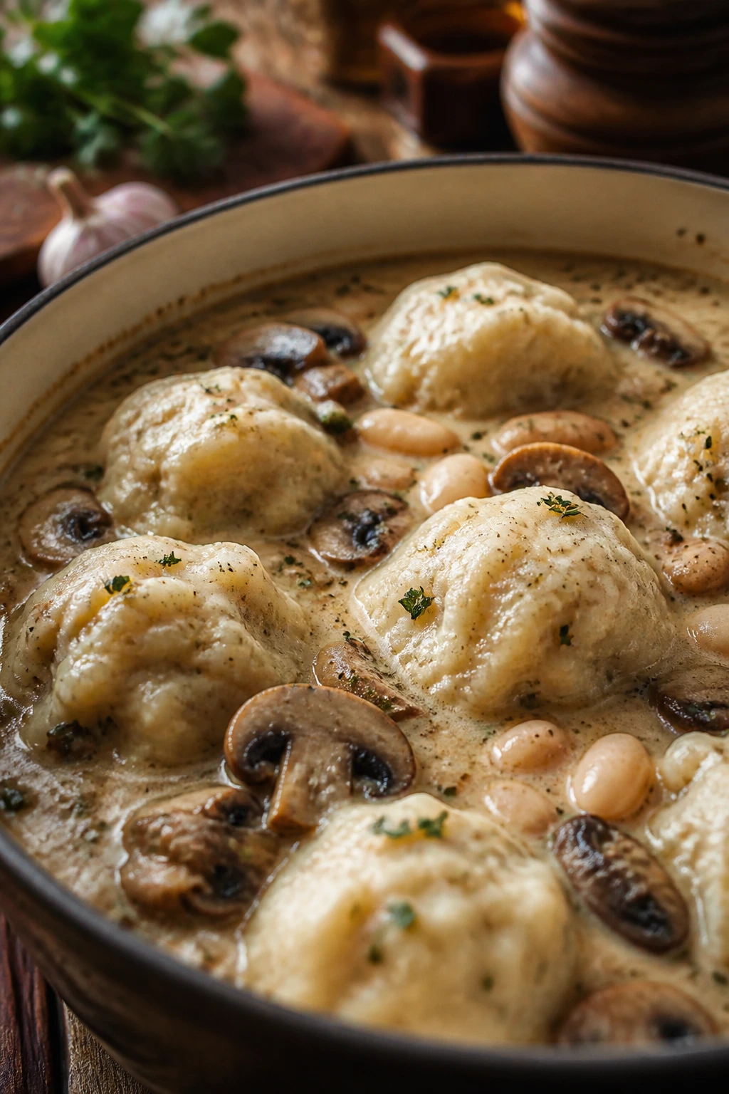 Close-up of dumplings in creamy mushroom-white bean broth with mushrooms.