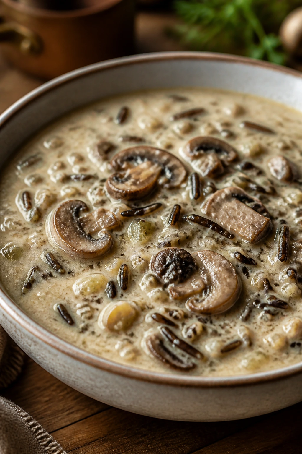 Close-up of mushroom and wild rice chowder in a bowl.