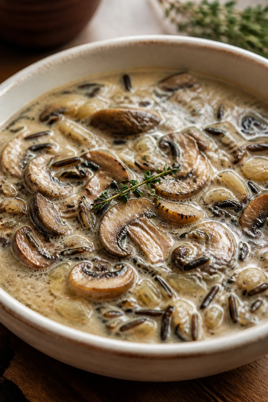 Close-up of mushroom and wild rice chowder with mushrooms and wild rice in creamy broth.