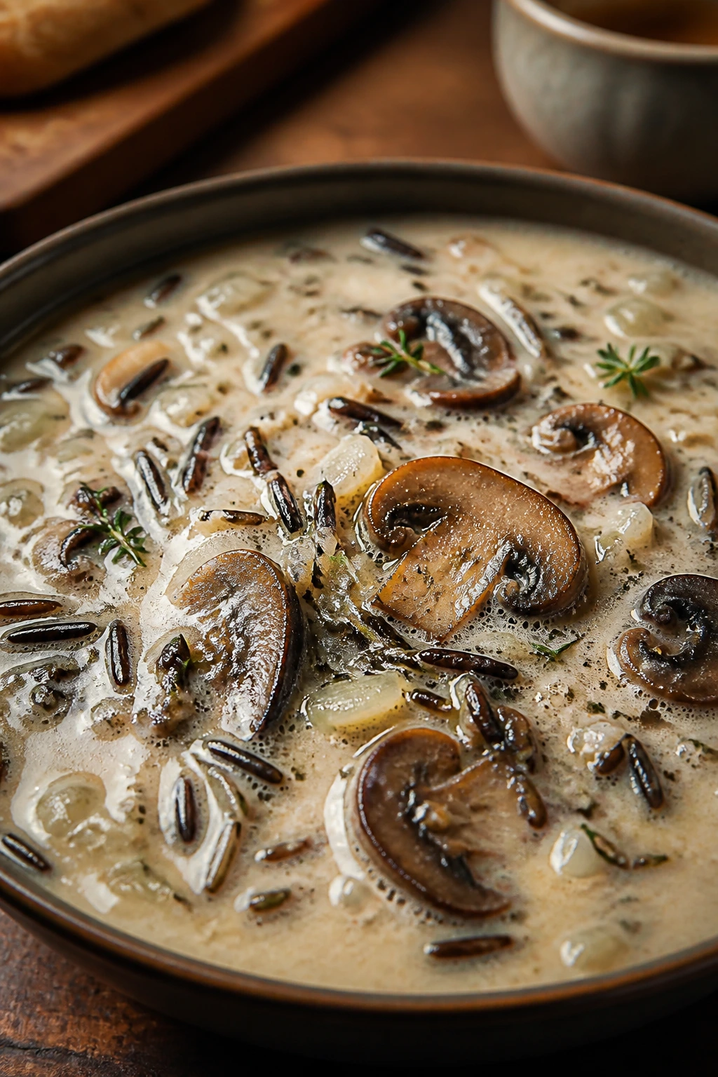 Creamy mushroom wild rice soup with visible mushrooms and rice in a bowl
