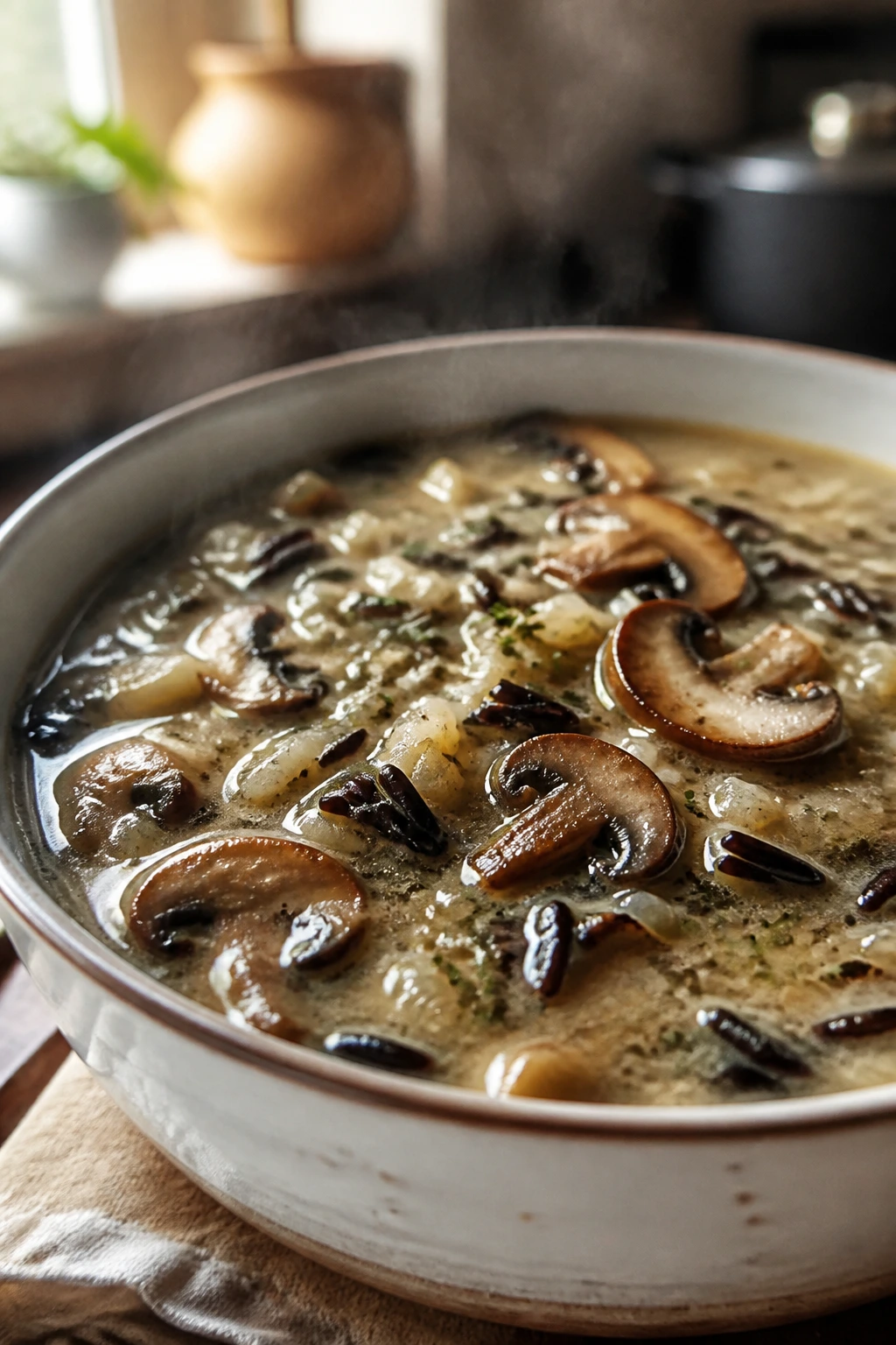 Mushroom and wild rice soup in a bowl, steam rising