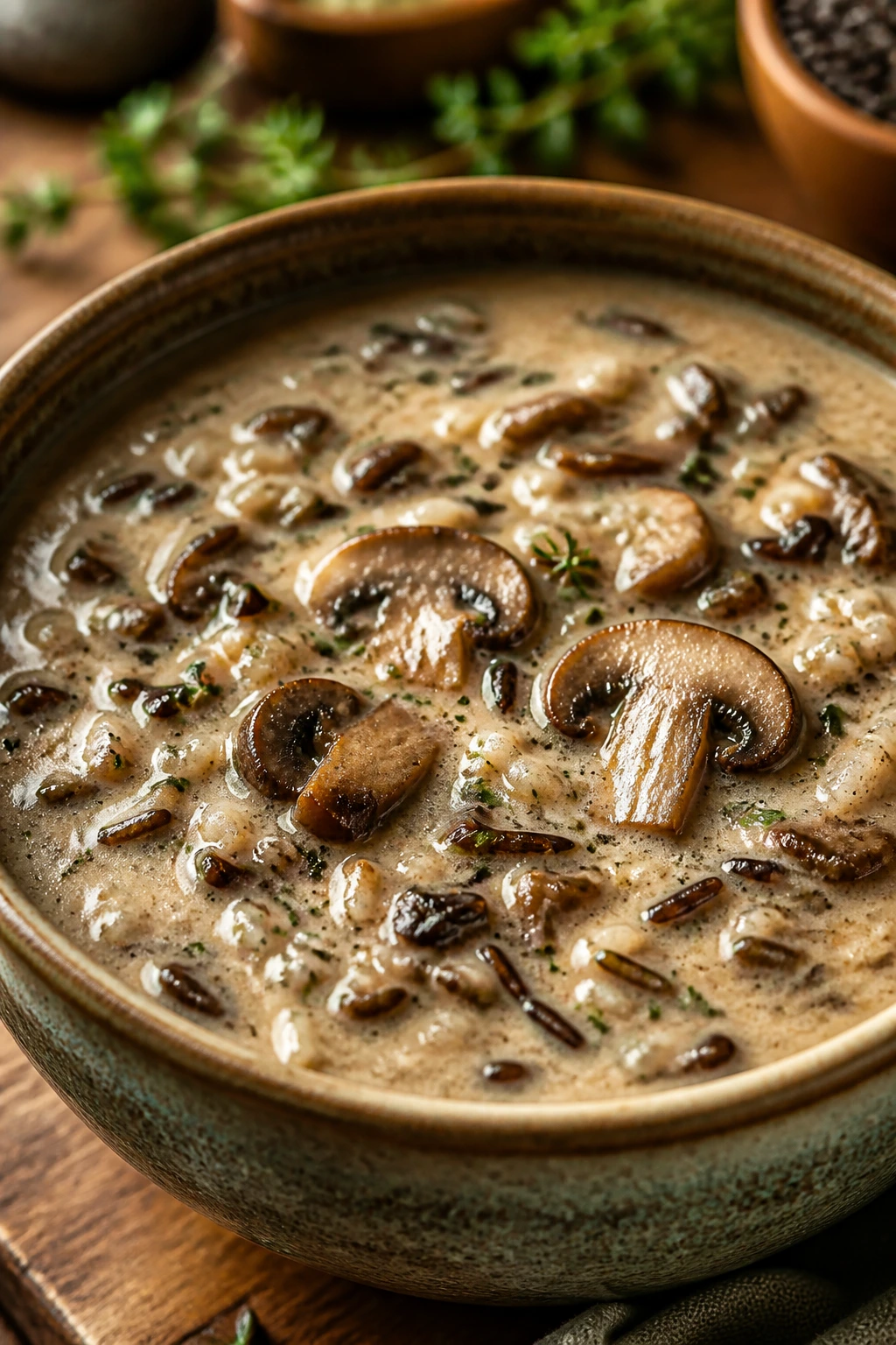 Close-up of creamy mushroom wild rice soup with mushrooms and wild rice