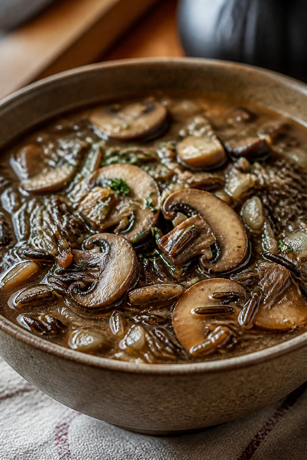 Close-up of mushroom wild rice stew in a bowl