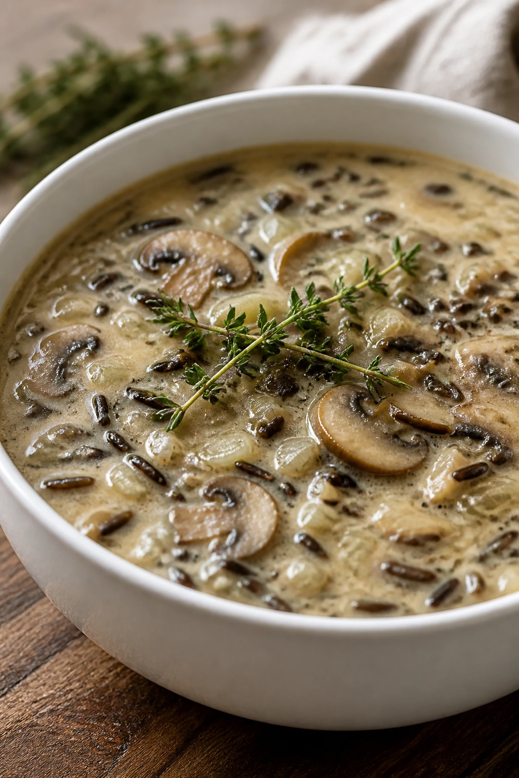 Creamy wild rice mushroom soup in a bowl with thyme on top
