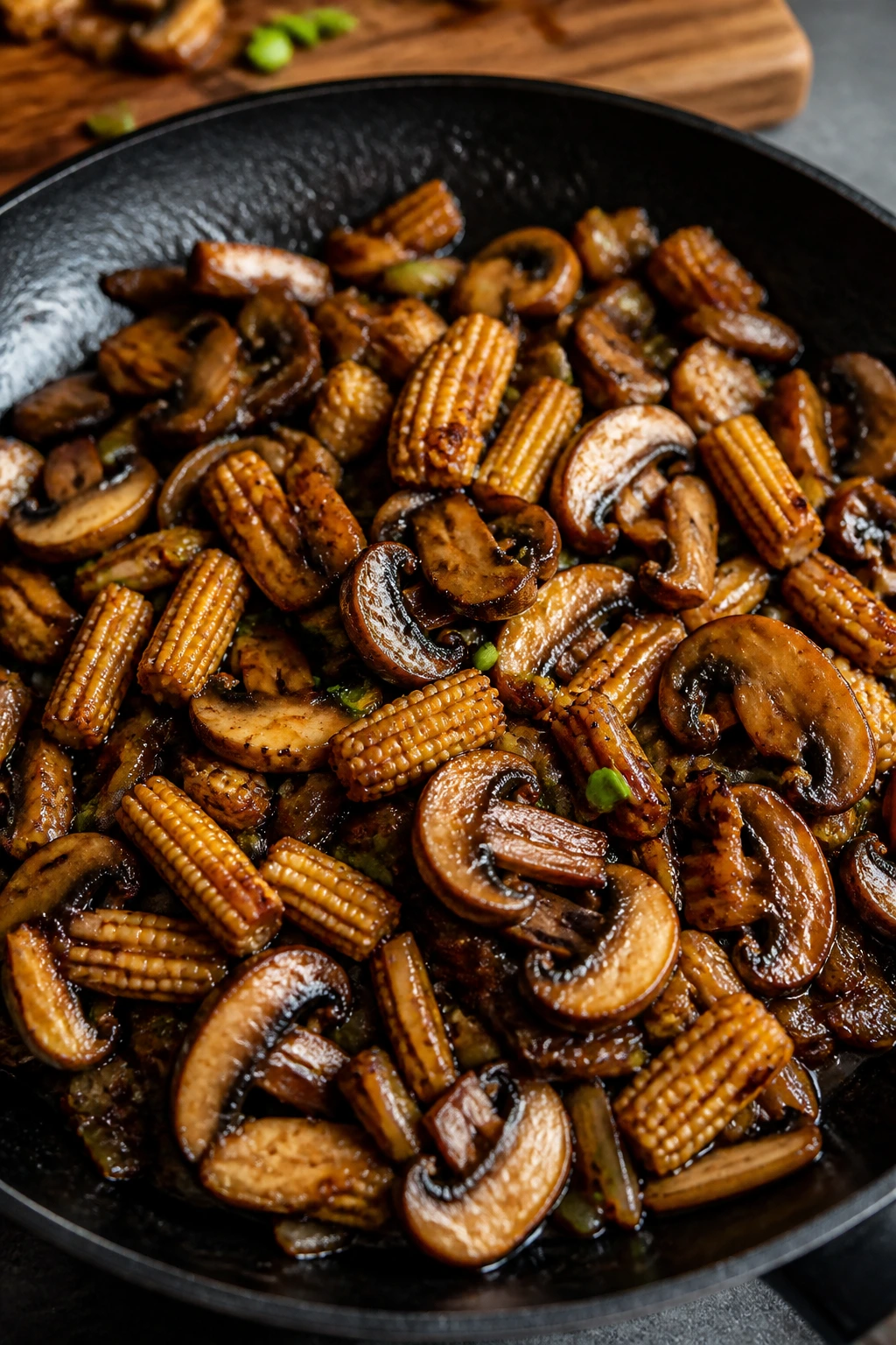 Stir-fried mushrooms and baby corn in a glossy sauce