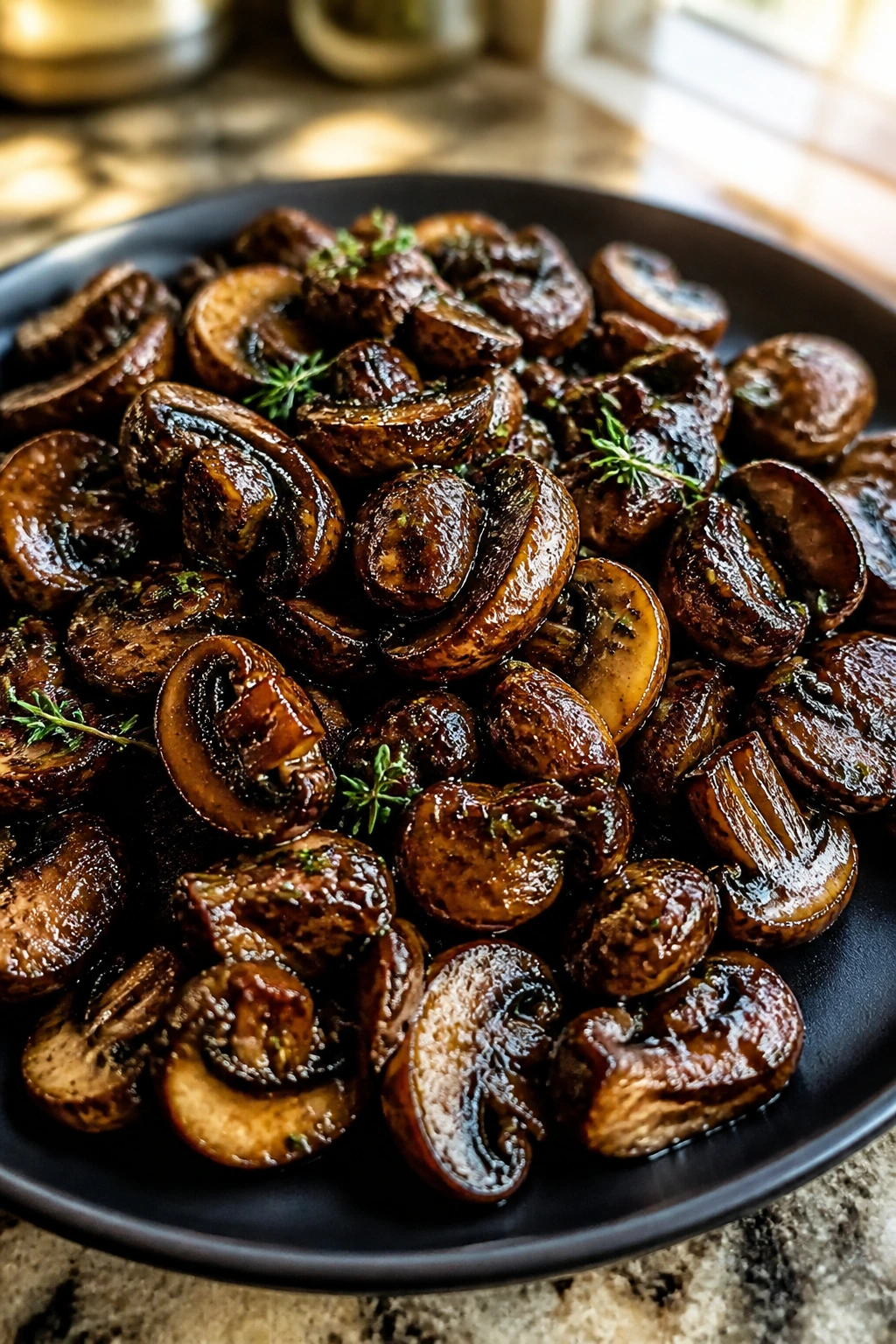 Close-up of mushrooms with balsamic glaze and thyme