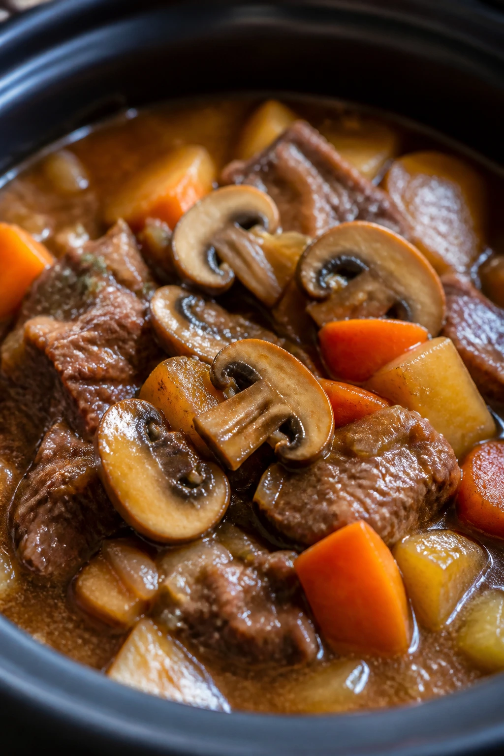 Beef stew with cremini mushrooms in a rustic kitchen