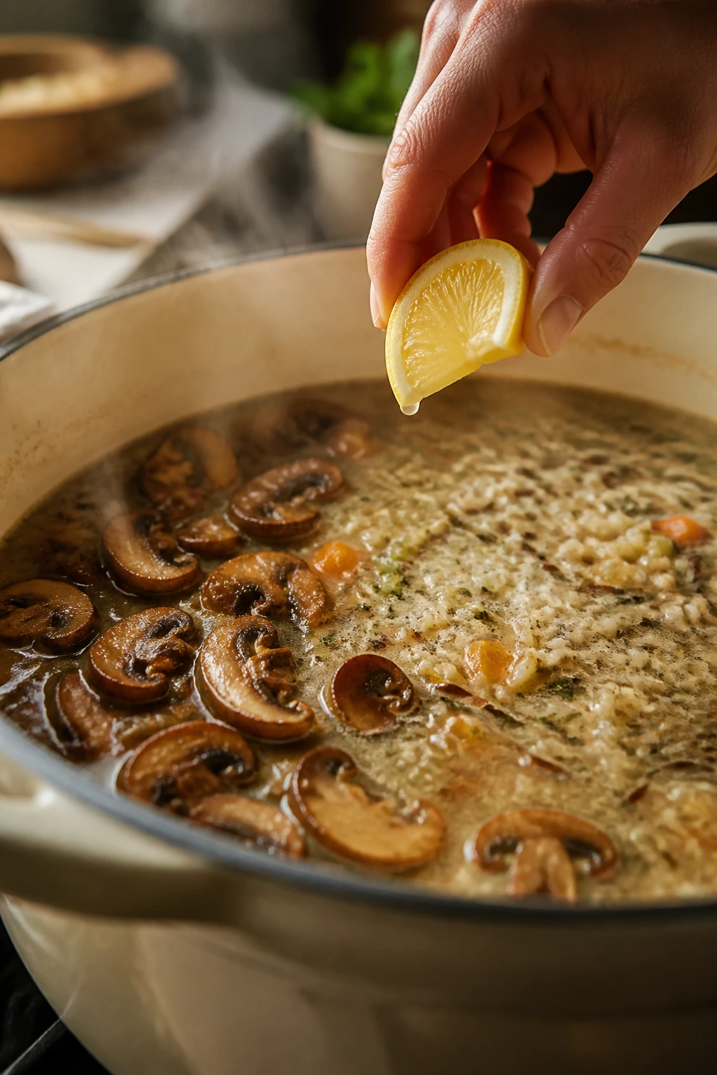 Mushrooms browning in a simmering pot with a lemon wedge above the broth
