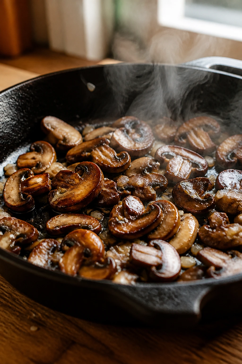 Close-up of browned mushrooms in a skillet with shallot and garlic