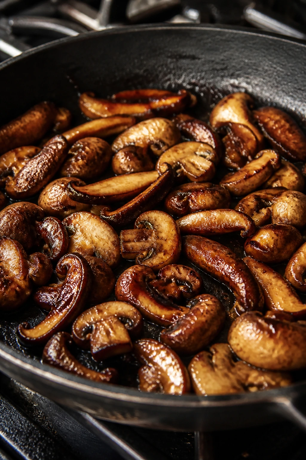Close-up of browned cremini and shiitake mushrooms with a glossy glaze