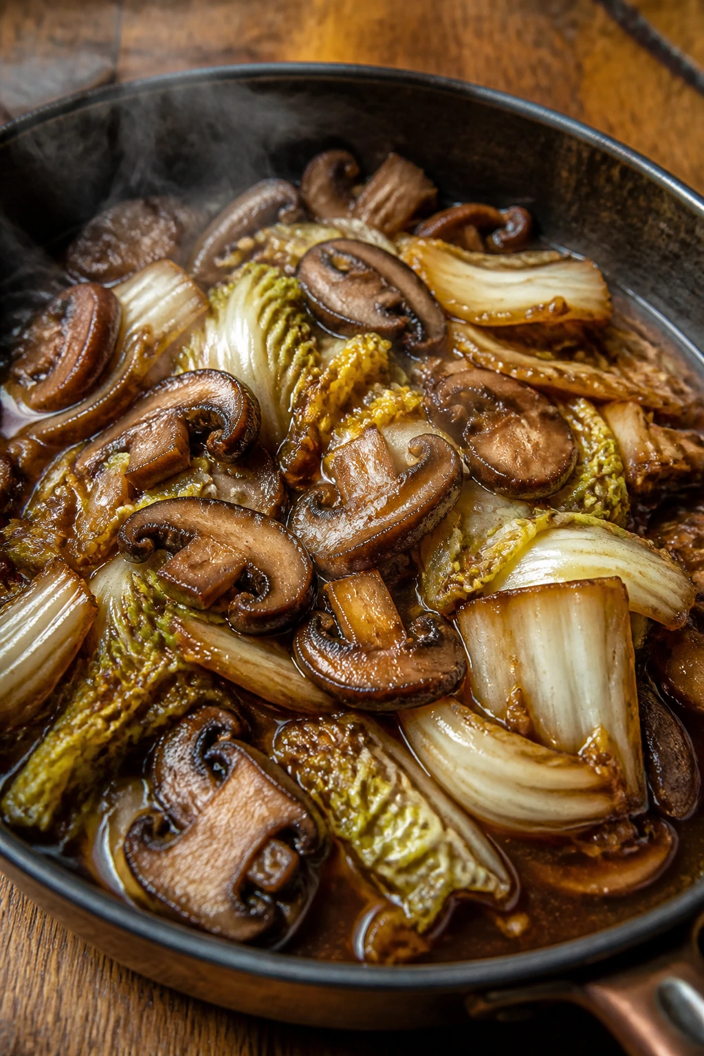Close-up of soy-braised mushrooms and napa cabbage in a skillet