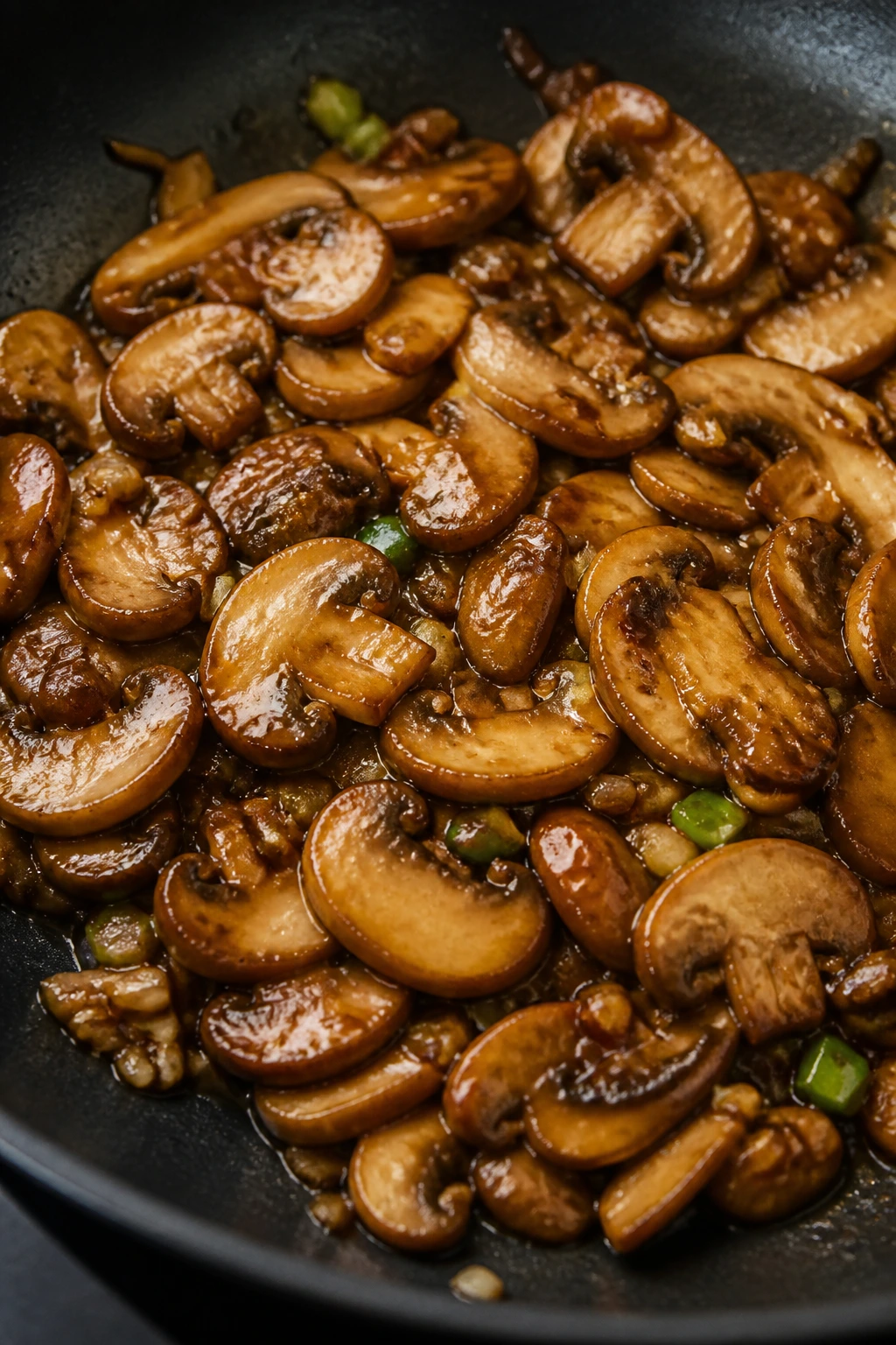 Close-up of stir-fried mushrooms with oyster sauce