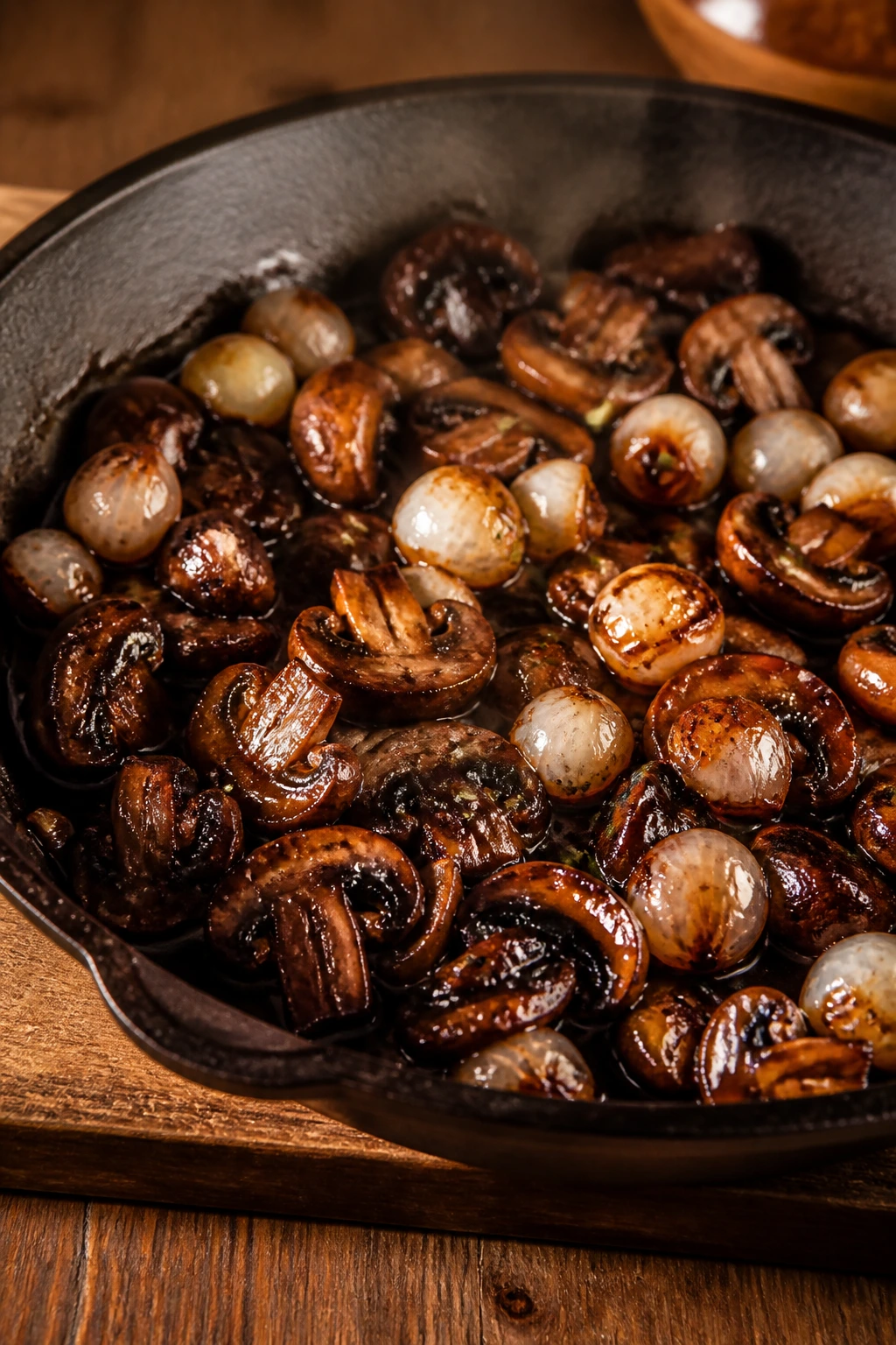 Glossy balsamic mushrooms and pearl onions in a skillet