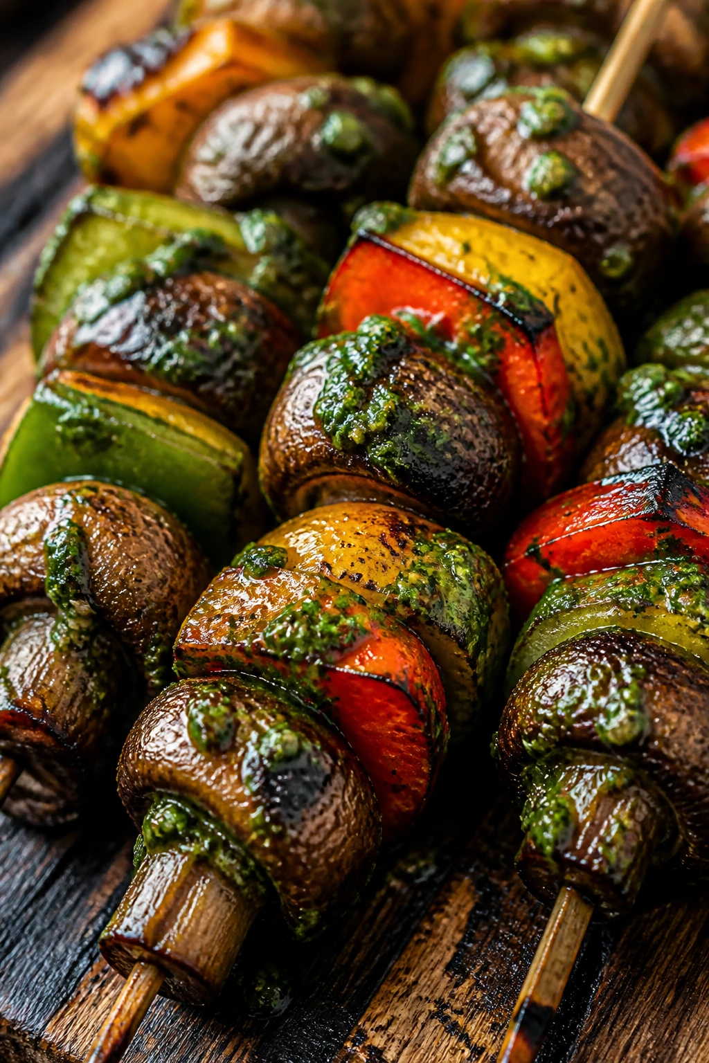 Close-up of chimichurri glazed mushrooms and bell peppers on skewers