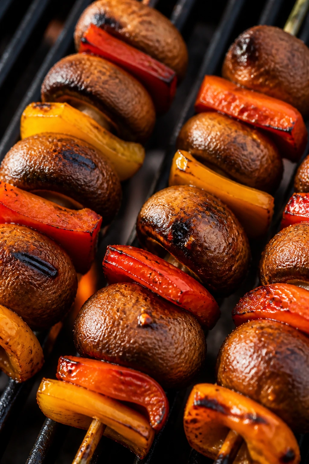 Close-up chili-rubbed mushroom and pepper skewers on grill with charred edges