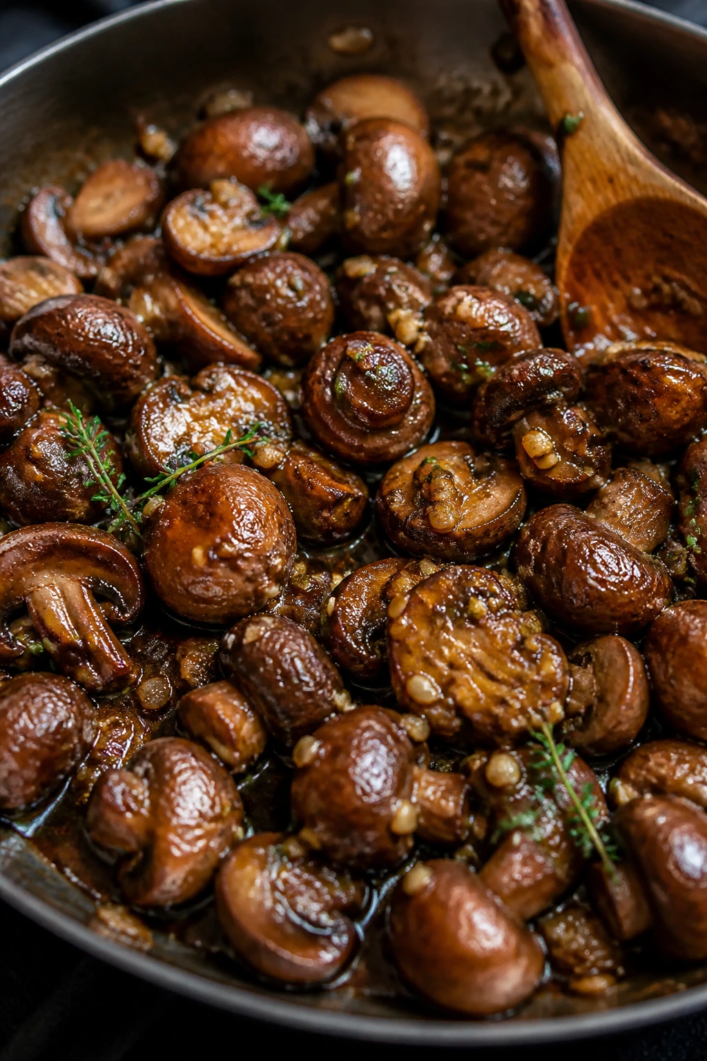 Close-up mushrooms in a glossy garlic-sherry sauce