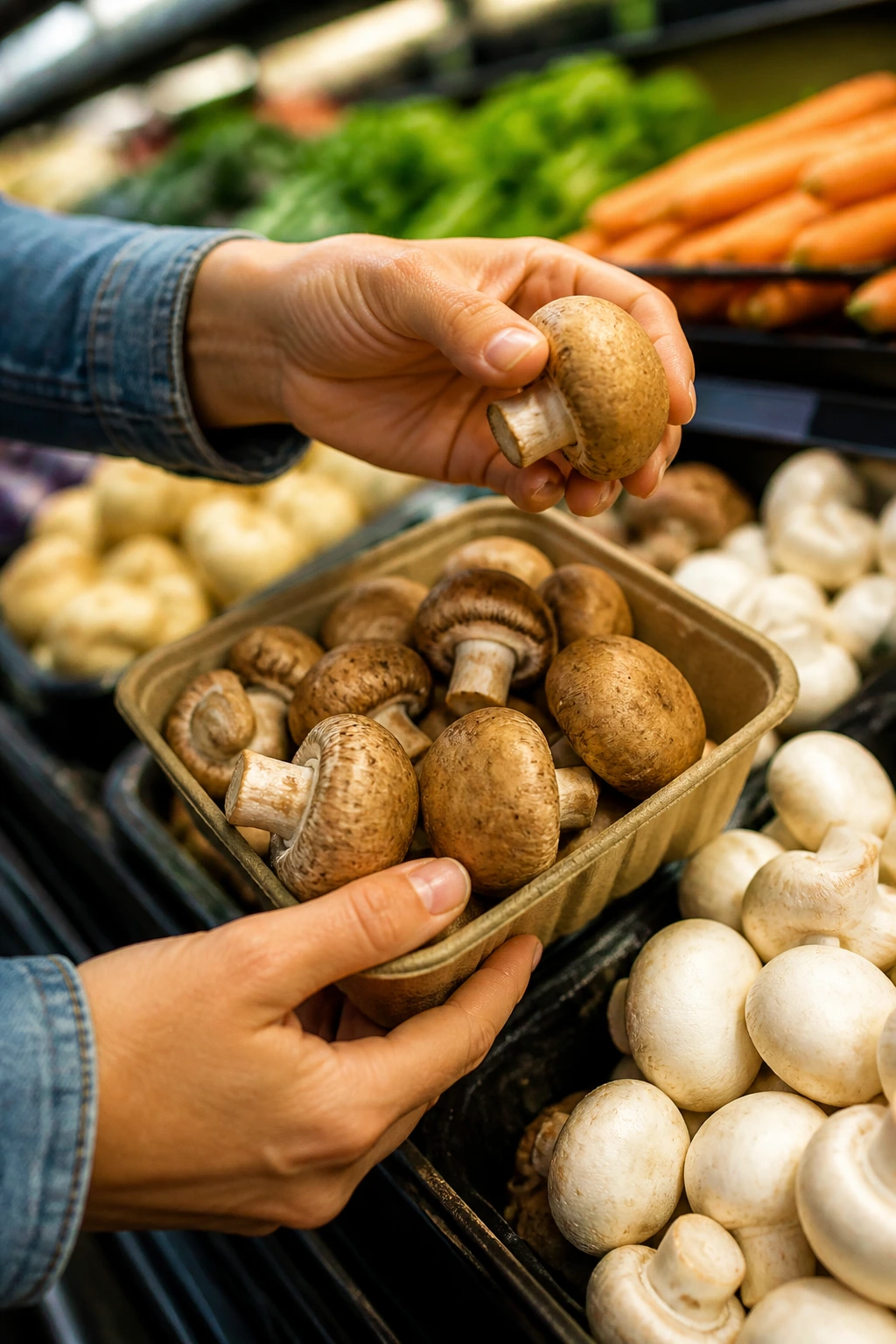 Shopper hands selecting mushrooms in grocery store