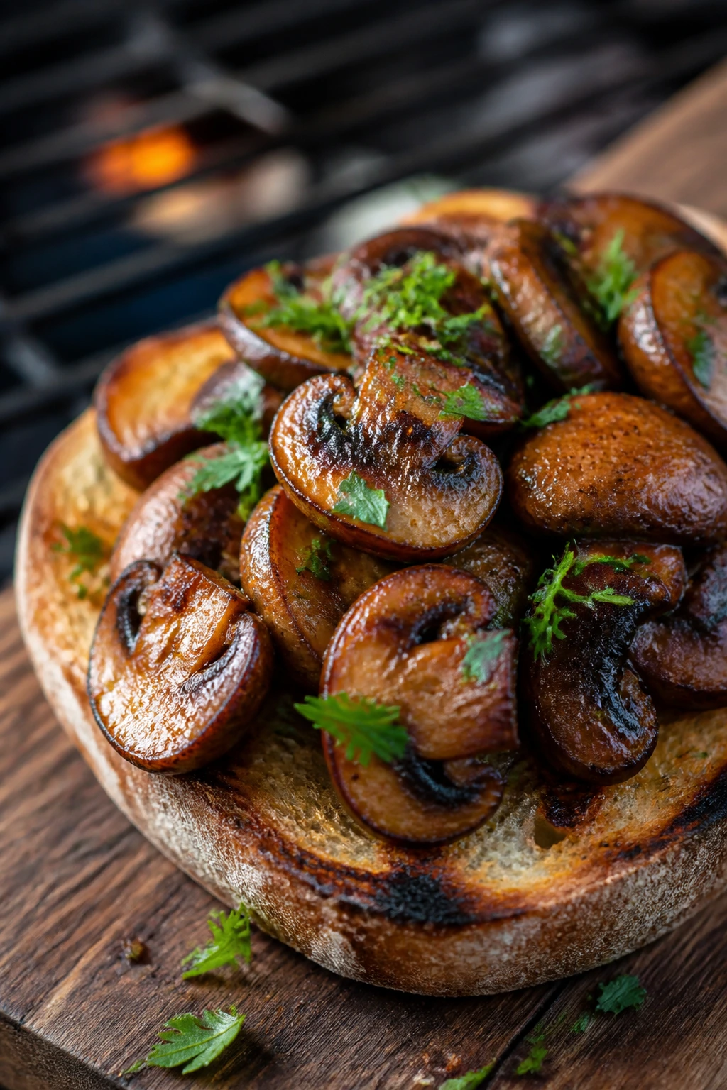 Mushrooms on toast with smoked paprika on a rustic plate outdoors