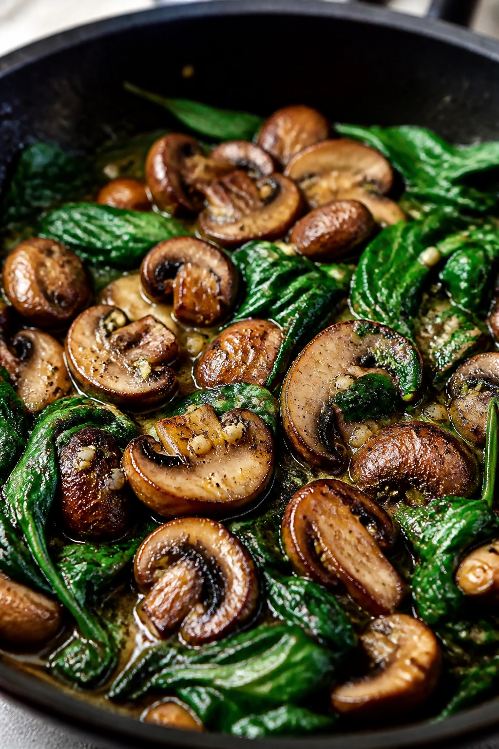 Seared mushrooms in garlic butter with wilted spinach in a skillet