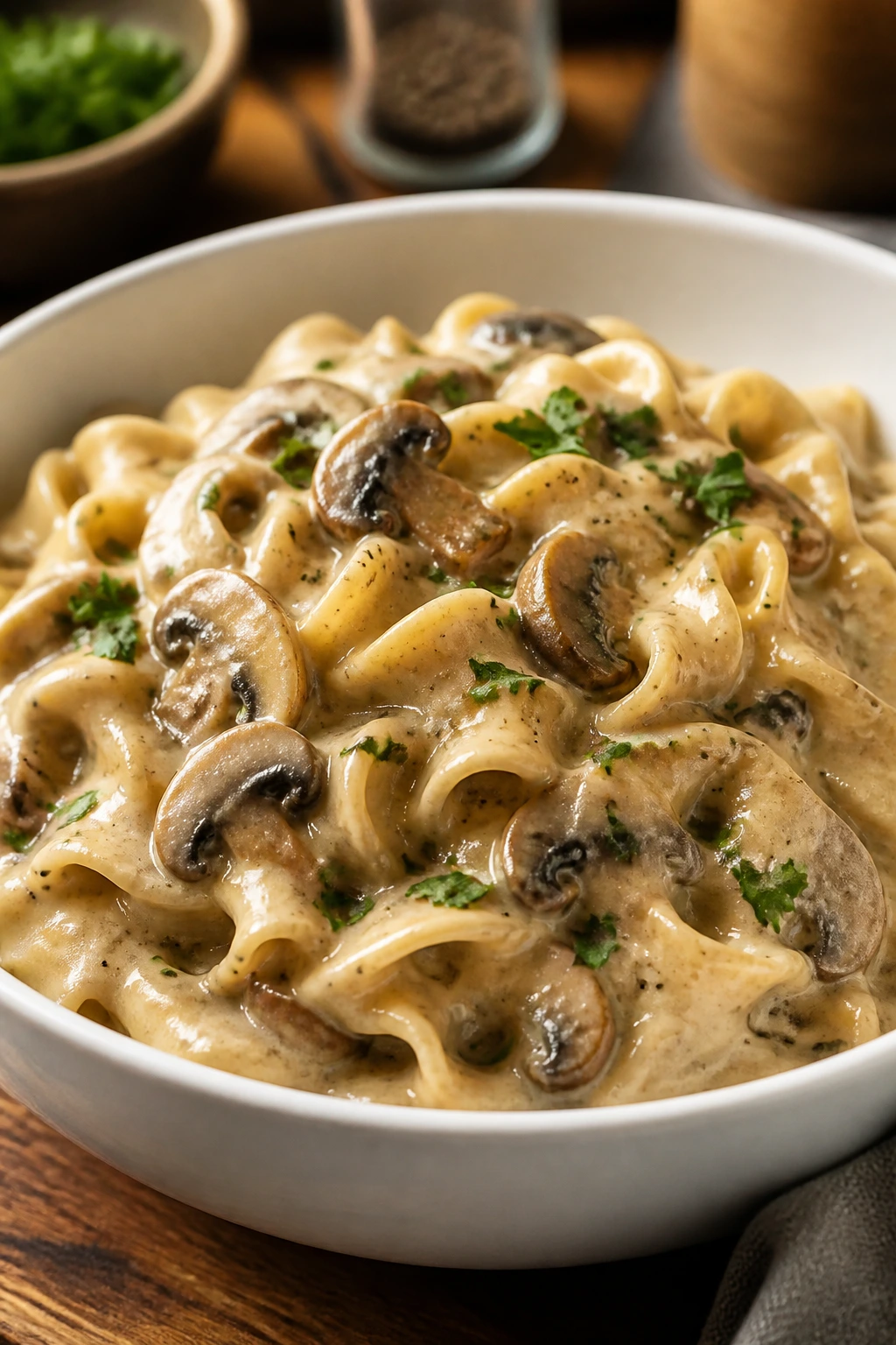 Close-up of creamy mushroom stroganoff with noodles and mushrooms in a bowl