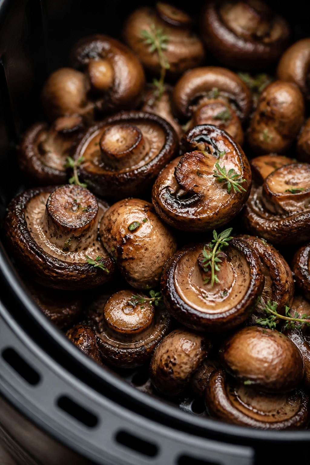 Close-up of mushrooms with thyme and balsamic glaze
