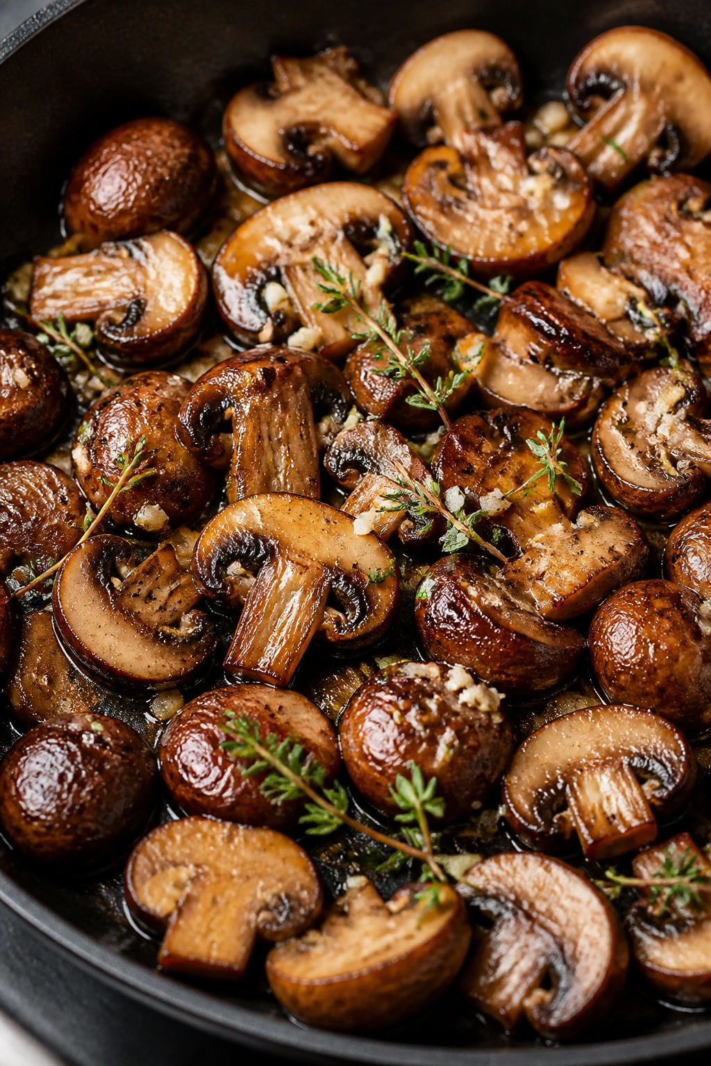 Glossy browned mushrooms with garlic and thyme in a skillet.