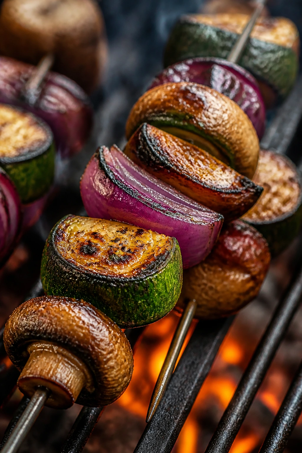 Close-up of smoky mushroom, zucchini, and red onion kabob on a grill.