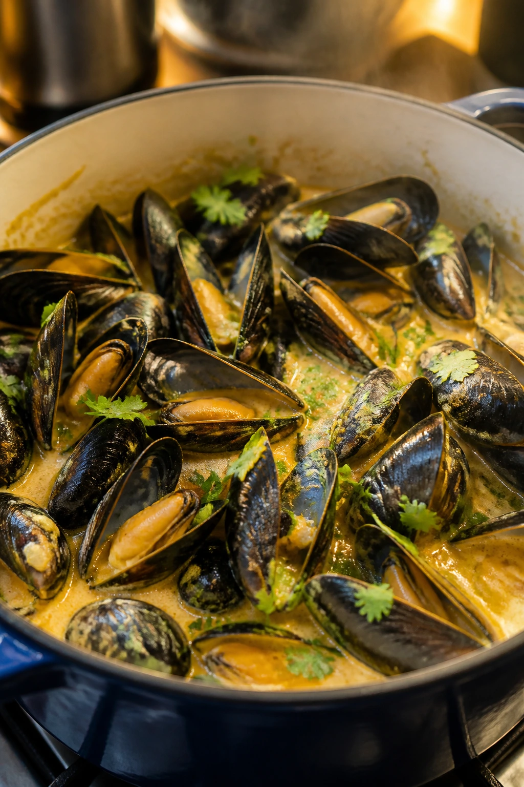 Mussels in coconut curry broth filling the frame